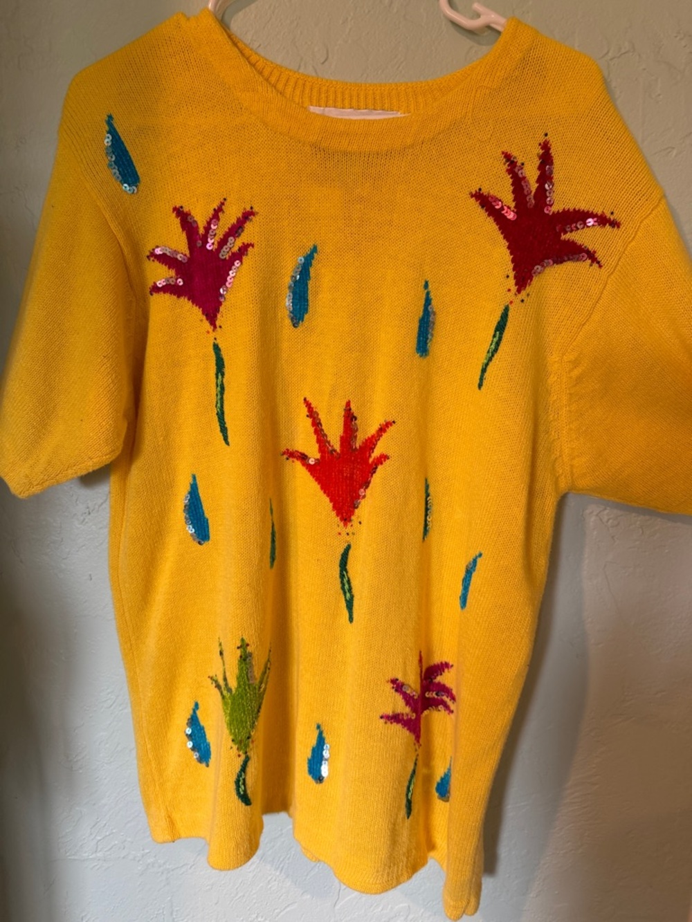 Sunny Yellow Knit Top with Red Sequin Flower